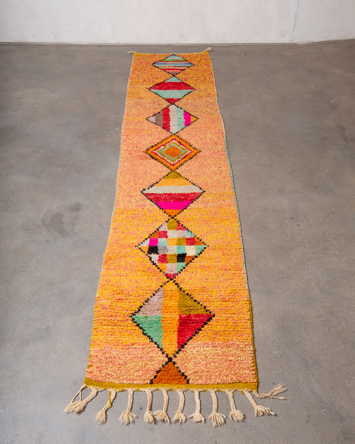 Modern, designer, handcrafted Berber runner rug from Morocco. Vintage carpet with beautiful colours and patterns and fluffy texture.